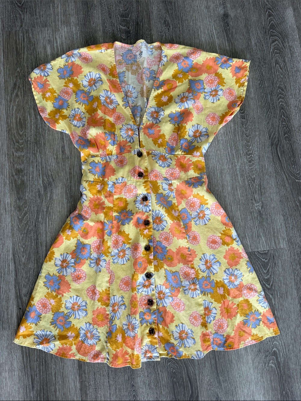 Marine Layer boho retro floral printed button front dress yellow orange medium